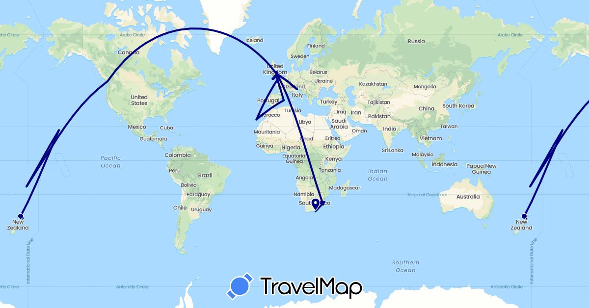 TravelMap itinerary: driving in Canada, Spain, Fiji, United Kingdom, Italy, New Zealand, United States, South Africa (Africa, Europe, North America, Oceania)