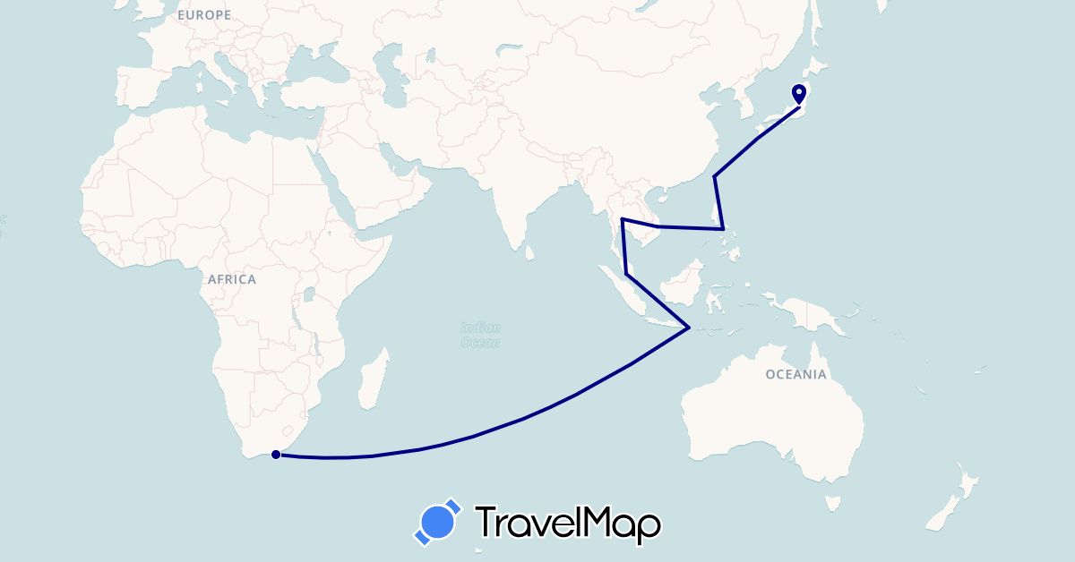 TravelMap itinerary: driving in Indonesia, Japan, Malaysia, Philippines, Singapore, Thailand, Taiwan, Vietnam, South Africa (Africa, Asia)